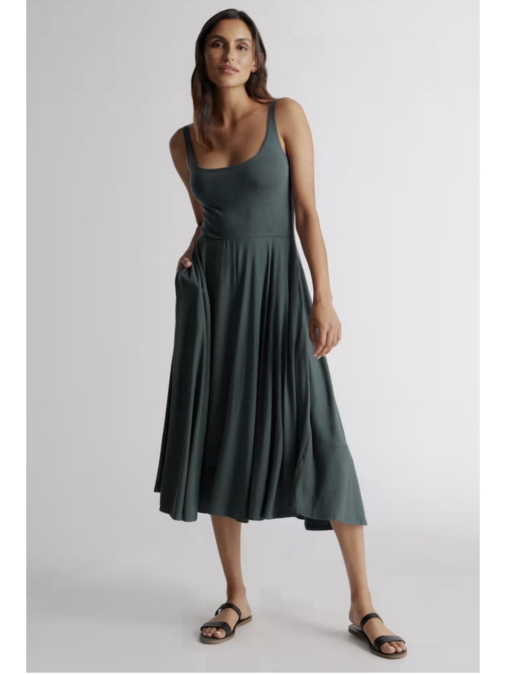 Quince Tencel Jersey Fit & Flare Midi Dress MED Green Stretch Boho Beach Summer